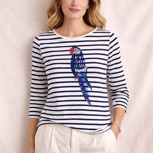 Women Striped Parrot Sequin Top 3/4 Sleeve Coastal Resort Blouse M